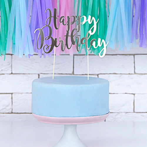 PARTYDECO KUCHEN TOPPER - "HAPPY BIRTHDAY" SILBER