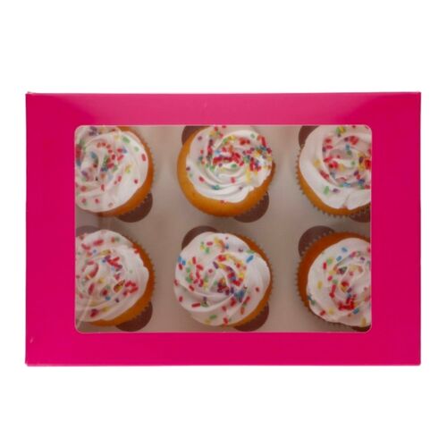 FUNCAKES BOX FÜR 6 CUPCAKES [ODER 12 MINI-CUPCAKES] MIT FENSTER - ROSA (3 STÜCK)